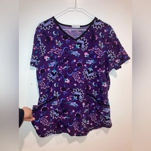 Purple Paisley print scrub top, size M